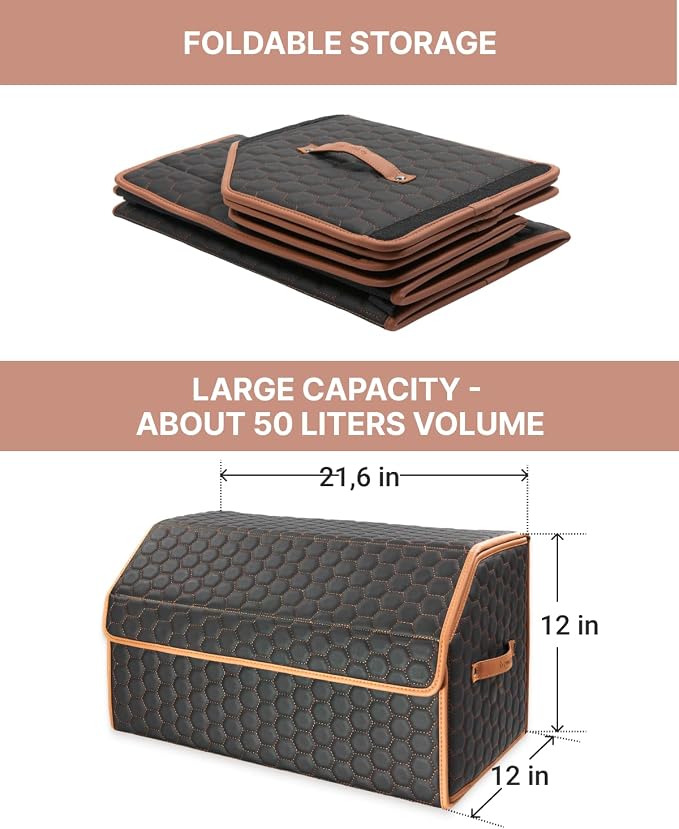 Owleys Foldable Trunk Organizer for Car Storage - Collapsible Auto Trunk Organizer With Lid - Trunk Organization (21.6 inch, Hexy)