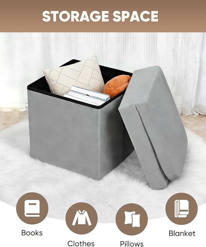 B FSOBEIIALEO Velvet Storage Ottoman with Seat Back, Folding Chair for Living Room, Room Organizer Storage Cubes, Toy Chest Storage Box (Grey, Medium)