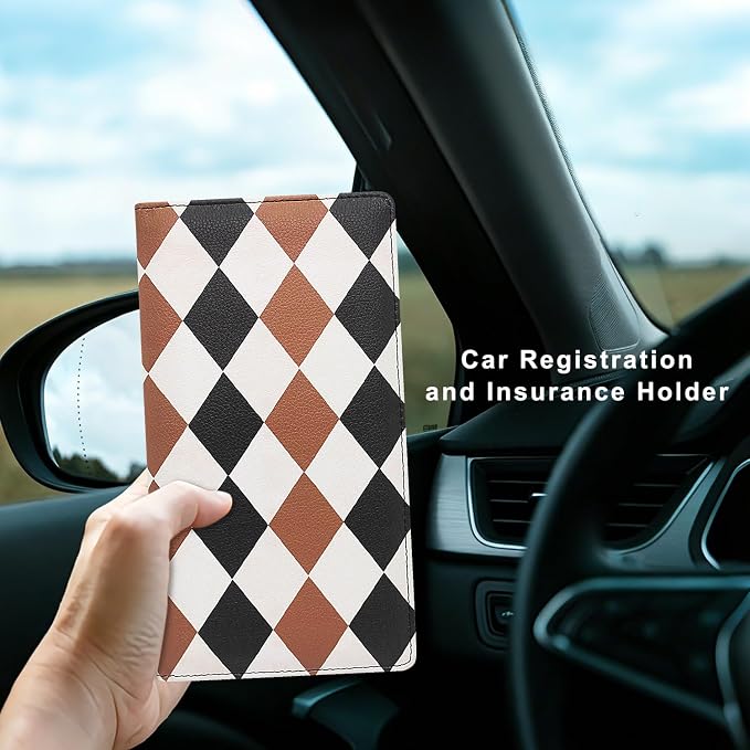 Car Registration and Insurance Holder, Premium Pu Leather Vehicle Glove Box Organizer - for Driver License, Cards & Essential Documents (L-Diamond pattern)