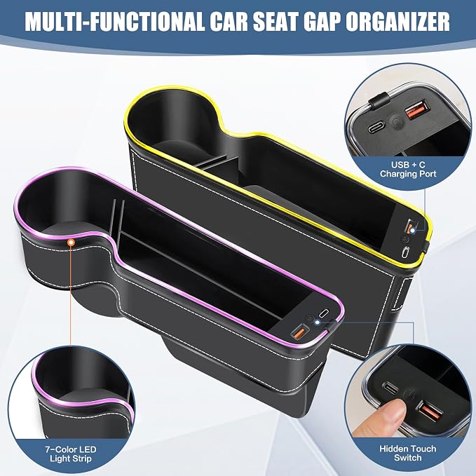 7 Color Led Car Seat Gap Organizer Car Seat Pocket Gap Filler with USB+C Charger,2 Pack Car Seat Gap Storage Console Side Gap Filler with Cigarette Lighter 2026 Fast Charger Seat Gap Filler (Black)