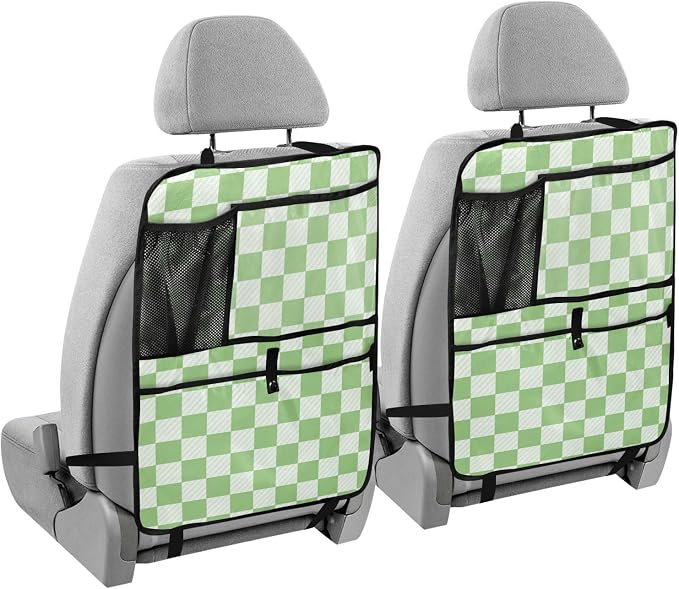Checkered Light Green 2 Pack Backseat Car Organizer with Storage Pockets Seat Back Organizers for Kids Kick Mats Backseat Protector Automotive
