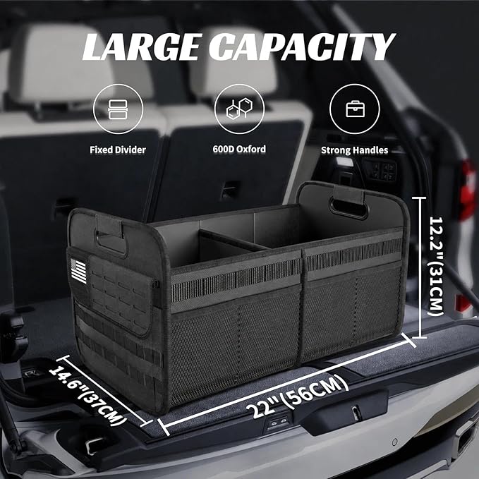 Sposuit Car Trunk Organizer for SUV - 65L Collapsible Tactical MOLLE Car Storage with Reinforced Handles & Multiple Pockets, Sturdy Trunk Organizers for Groceries, Tools & Outdoor Storage (Black 2Pcs)