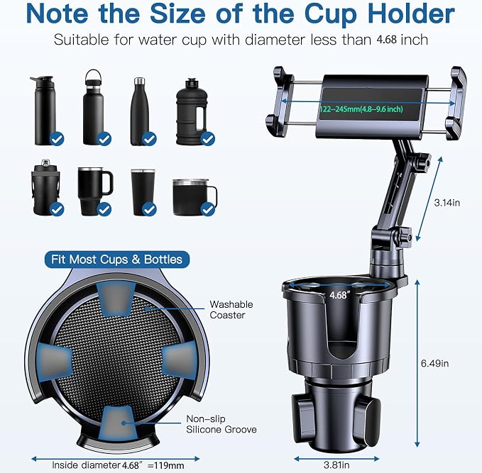 Cup Holder Phone Tablet Mount, 2 in 1 iPad Car Cup Holder with Expander Adjustable Arm for 4.7-10 inches Phone Tablet Mount Compatible for iPad Pro Air Mini, Fire,iPhone 17,Galaxy Phones