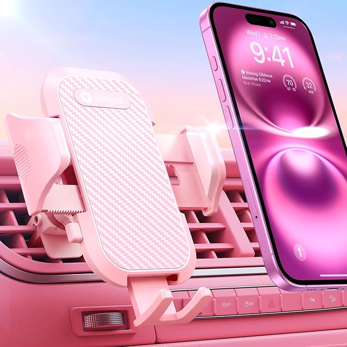 VICSEED Ultra Stable Pink Phone Holders for Your Car [Never Fall Off & Break] Universal Vent Cell Phone Mount for Car Easy Clamp Automobile Cradle for iPhone 17 Pro Max 16 15 14 Car Accessories Women
