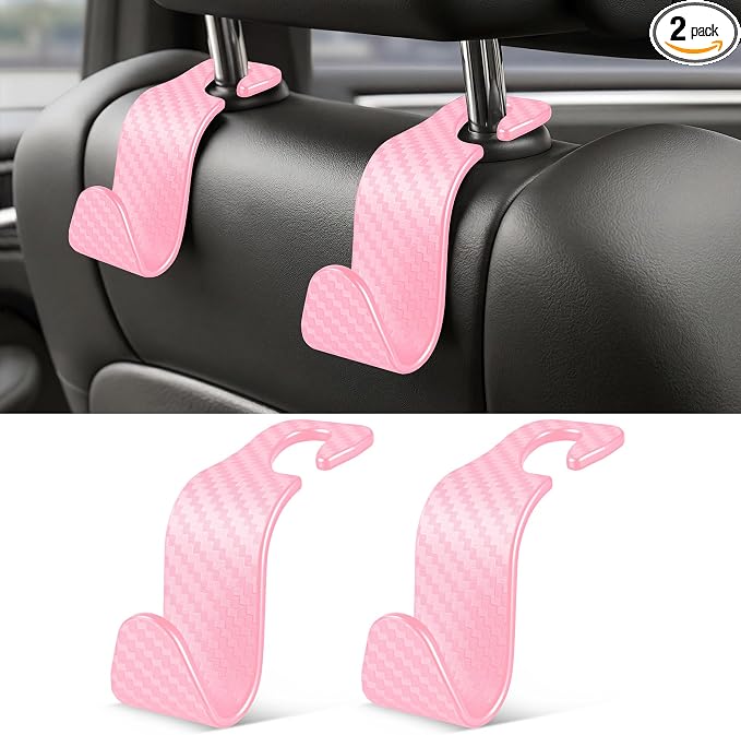 SINGARO Universal 2 Pack Car Seat Headrest Purse Hook, Carbon Fiber Back Seat Hook Storage Organizer Hanger for Purse Handbag Coat, Car Interior Accessories(Pink)