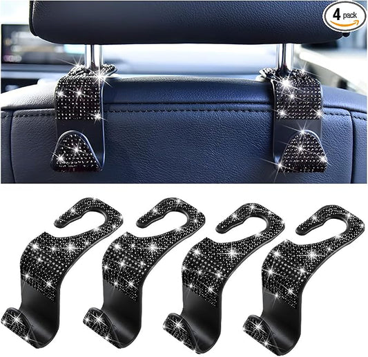Mandark 4PCS Bling Car Seat Headrest Hooks, Crystal Rhinestone Vehicle Seat Back Hanger for Grocery Purses Handbags, Diamond Auto Seatback Storage Organizer Hanger, Universal for Most Cars (Black)