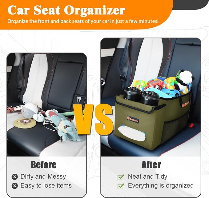 Car Seat Organizer-Car Organizers and Storage with Cooler Compartment, Car Organizer Front Back Seat for Kids, Car Storage Organizer with Lid Cup Holder Tissue Holder for Road Trips (Olive Green)