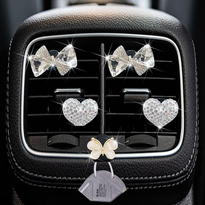 Bling Heart & Bow Diamond Heart Car Air Fresheners & Diffuser, 4 Pcs - Fun Car Vent Clips With Cute Butterfly Mask Hook