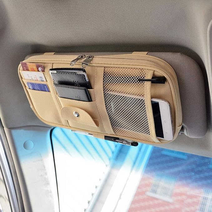 Da by Car Sun Visor Organizer, Multi-Pocket Visor Organizer Storage Pouch for Cars, SUVs & Trucks with Double Zippers, Elastic Bands & Glasses Clip- Organizes Essentials Keep Tidy (Beige Light Yellow)