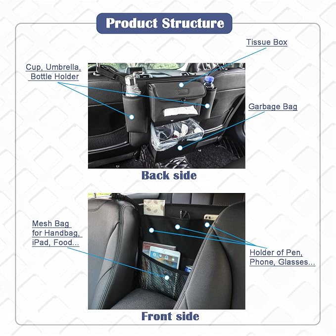 Car Organizer Between Seats, Garbage Trash Bag, Purse Holder, Dog Barrier | AMEIQ Car Accessories, Rubbish Can, Waster Litter Recycle Bin, Storage Bag Between Front Seats, Tissue Handbag Holder, Black