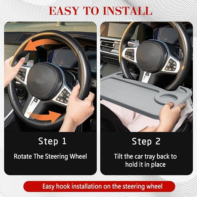 2 in 1 Car Steering Wheel Desk, Car Tray, Car Steering Wheel Desk Tray & Auto Seat Gap Filler Organizer, Multipurpose Travel Auto Steering Wheel Under Table Console for Most Vehicles (Grey)