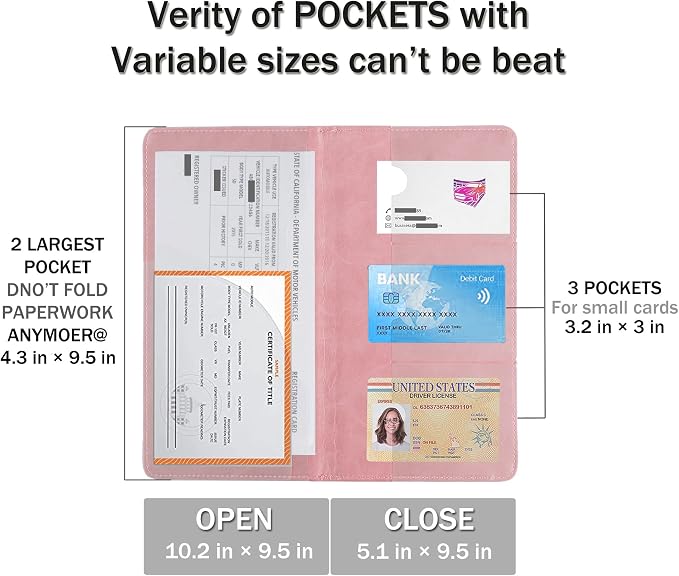 UYYE Auto Car Registration and Insurance Documents Holder - PU Leather Vehicle Glove Box Documents Organizer Wallet, Car Interior Accessories Case Holder for Essential Automobile Documents（Pink）