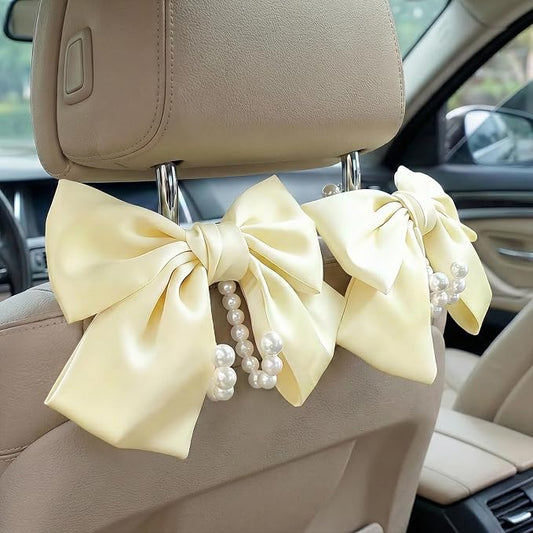 2PCS Satin Bow Pearl Car Seat Headrest Hooks – Car Bag Holder & Vehicle Hanger for Purses – Cute Coquette Aesthetic Interior Decoration – Cute Auto Organizer Accessories Universal (Pearl White)