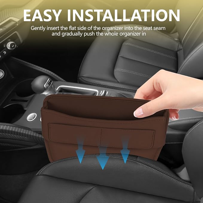 Car Seat Gap Filler Organizer with Card Holder, Leather Center Console Side Seat Gap Storage Box, Automotive Seat Organizer with Pocket for Glasses Phone Card, Car Accessories (Brown)