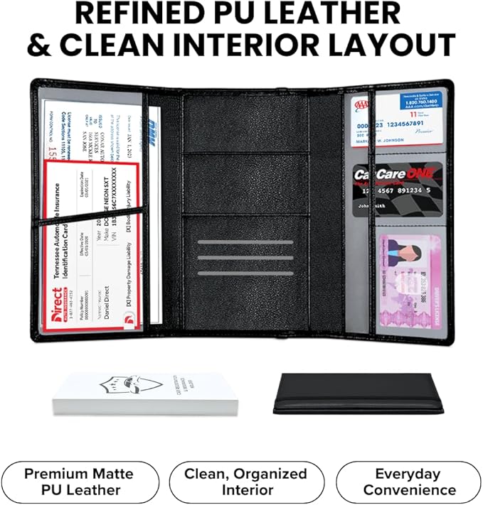 LINTRU Car Registration and Insurance Holder, 12-Pocket Trifold, Glove Box | 3.0mm Reinforced, 16"×9.5" Oversized, Elastic Strap No Magnet, PU Leather, Car Accessories for Men Women