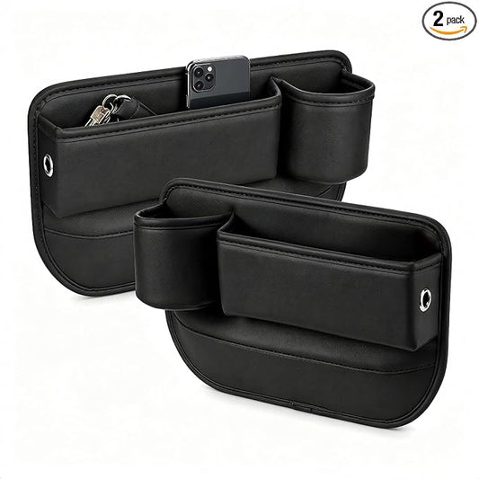2 Pack Car Seat Gap Organizer with Cup Holder, Multipurpose Leather Car Seat Gap Filler, Universal Front Seat Storage Box for Cell Phones, Wallets, Keys, Cards, Car Interior Accessories
