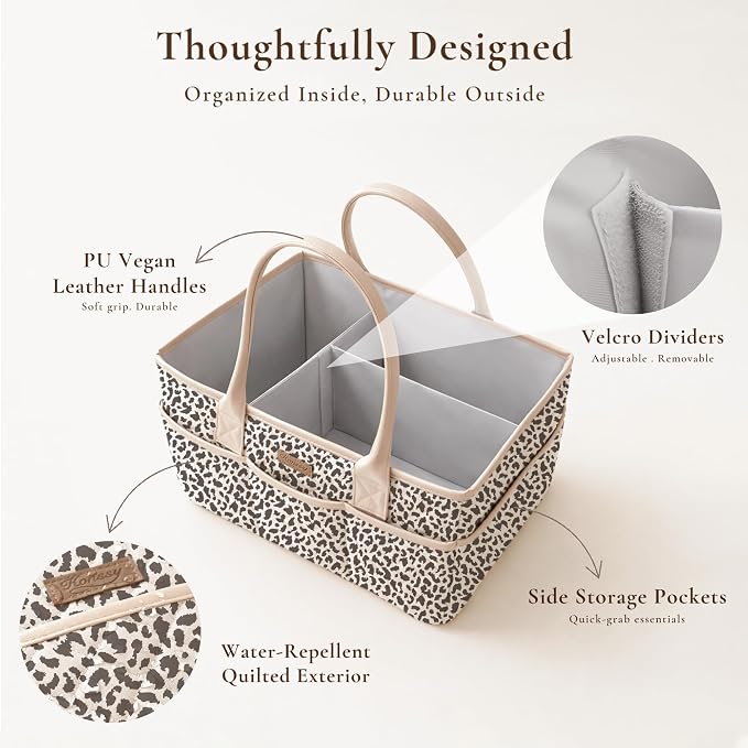 Konssy Quilted Diaper Caddy Organizer, Diaper Caddy Basket with PU Leather Handles, Water-Repellent Nursery Storage Basket, Portable Car Organizer, Registry Search Must Haves (Little Leopard)