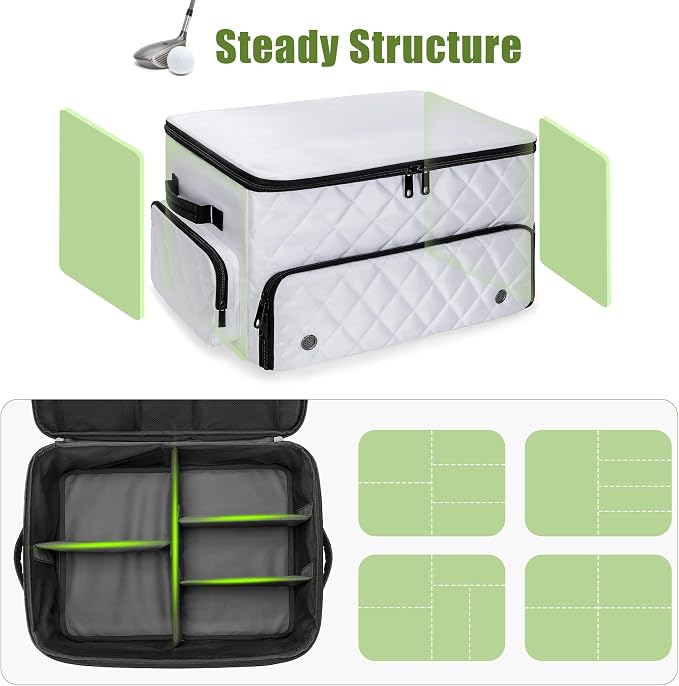 PGmoon 2 Layer Golf Trunk Organizer, Golf Car Storage Organizer with Individual Ventilated Compartment for 2 Pairs Shoes, Golf Car Locker for Balls, Clothes, Tees, Gloves, Accessories (White)