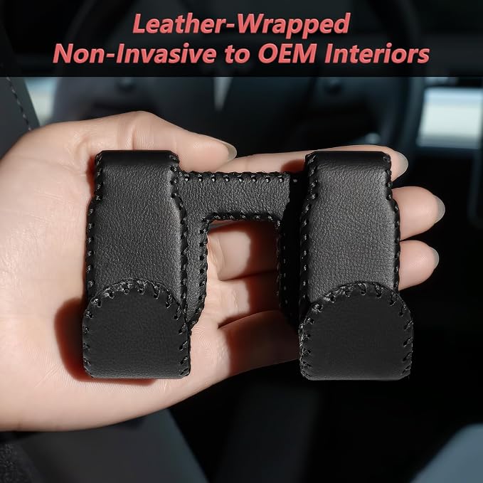 Car Seat Hooks for Tesla Model Y(Juniper) Model 3(Highland), Leather-Wrapped with Stainless Steel Core & Handmade Stitching, Purse Hanger Bag Holder, Automotive Seat Back Organizers (Black-2 Pack)