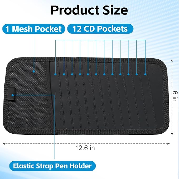 CD Visor Holder, Visor CD Holder 12 DVD Organizer, Elastic Strap | 12 DVD Organizer 1 Mesh Pocket, 1 Pen Holder, For Car