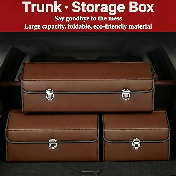 Leather Storage Box Car Trunk Organizer for Trunk SUV Sedan, Leather Foldable Storage Box with Lid (Brown 14.9" L*12.2" W*11.8" H)