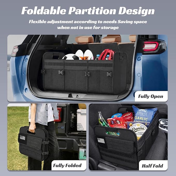 Sposuit Car Trunk Organizer for SUV - 105L Collapsible Tactical MOLLE Car Storage with Reinforced Handles & Multiple Pockets, Sturdy Trunk Organizers for Groceries, Tools & Outdoor Storage (Black)