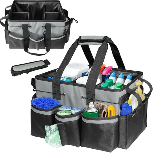 Cleaning Tool Organizer Bag with Handles | 17.8x12.2x9.3in Large Waterproof Cleaning Caddy | Detachable Shoulder Strap & Dividers | for Car Detailing, Housekeeping, Cleaners(Grey)