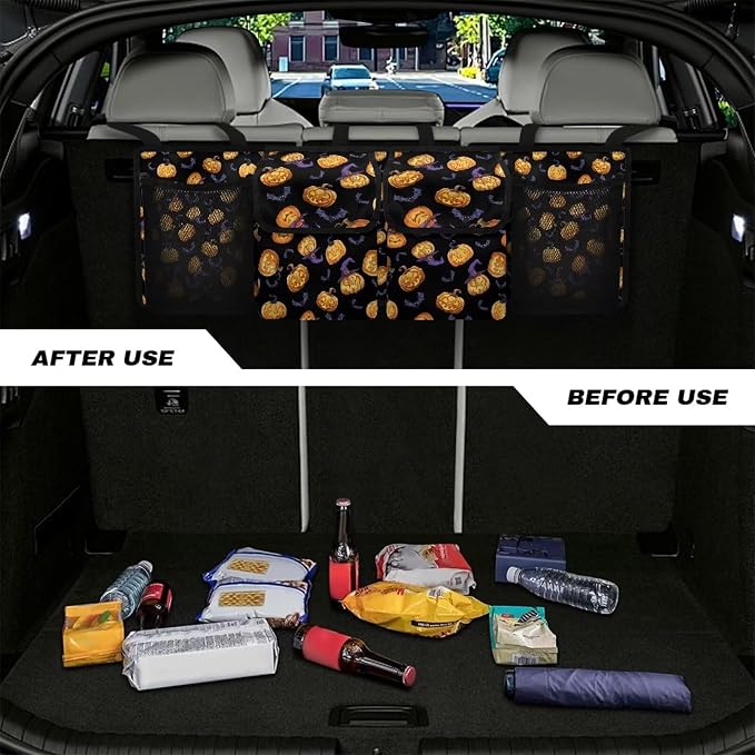 Halloween Pumpkins Car Trunk Organizer for Women Men Car Back Seat Hanging Storage Bag Collapsible Auto Cargo Bag with 4 Large Pockets Auto Interior Accessories