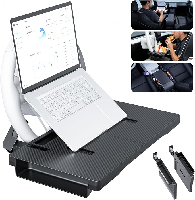2-in-1 Car Steering Wheel Desk & Seat Gap Organizer Tray | Carbon Fiber Finish, Foldable Adjustable, Multi-use for Laptop Work, Eating and Storage, Gifts for Truck/ Tesla or SUV Owners