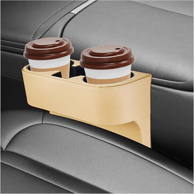 Car Seat Organizer Cup Drink Holder, Multifunctional Auto Console Side Organizer with 2 Cup Holders, Front Seat Gap Filler Interior Drink Holder Storage Box for Most Vehicles (Beige)