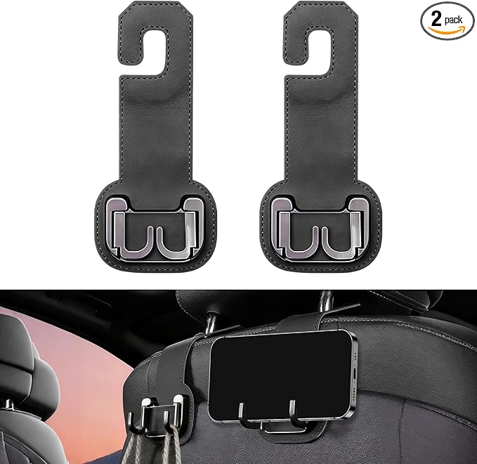 2 Packs Headrest Hooks for Car, Hidden Twinhook Leather & Metal Car Purse Holders, Universal for BMW X5 X3 X1 X7 Accessories, Seat Back Storage Organizer Hanger for Purse Bag Phones(Black)