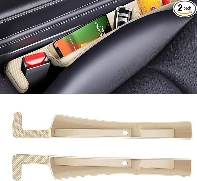 2PCS Car Seat Gap Filler, Automotive Seat Organizer Fill The Gap Between Seat and Console, Universal Car Storage Box Inserts Fill The Gap Between Seat &Console for Coins Wallets Keys (Beige)