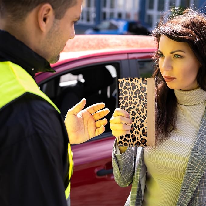 Car Registration and Insurance Holder with Magnetic Closure, Universal Document Organizer for License, Insurance Cards & Glove Box Storage (Leopard-Brown)