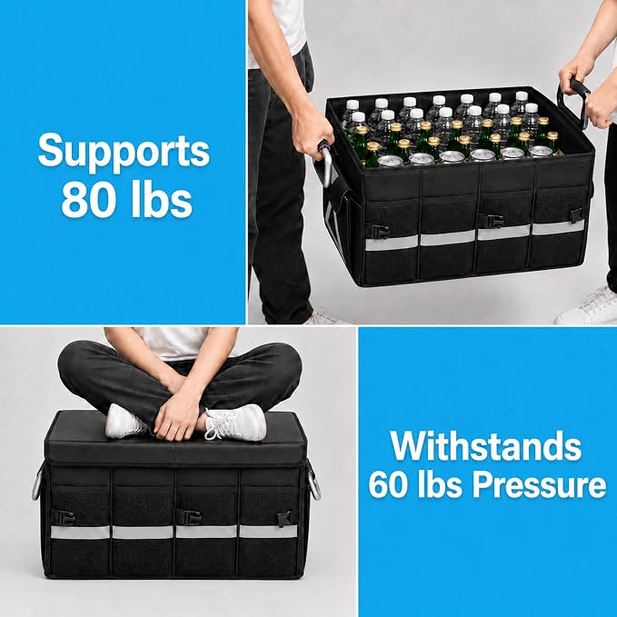Car Trunk Organizer with Lid, Collapsible SUV Trunk Organizer, Foldable Cargo Organizer with 4 Compartments, Non-Slip Bottom, Securing Straps, Large Capacity Storage Bag for SUV Truck Van, Black