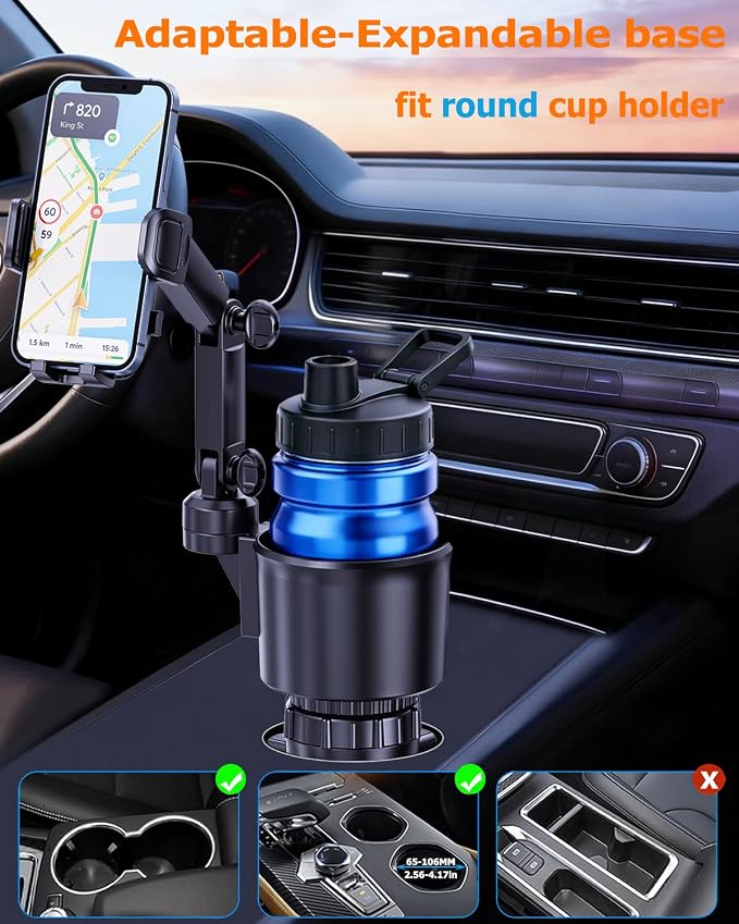 Cup Phone Holder for Car, 2 in 1 Universal Cup Holder Expander with Adjustable Base & Removable Long Arm, 360° Rotation Phone Mount for Car & Truck - Compatible with All Smartphones