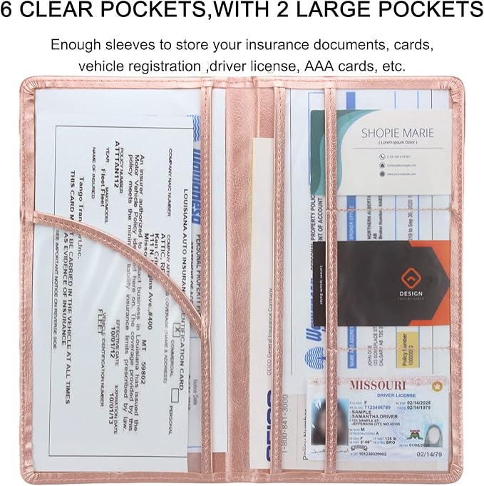 LumiMokki Premium Car Registration & Insurance Card Holder with Magnetic Shut, Vehicle Glove Box Car Organizer - For Documents, Cards, License (Rose gold)
