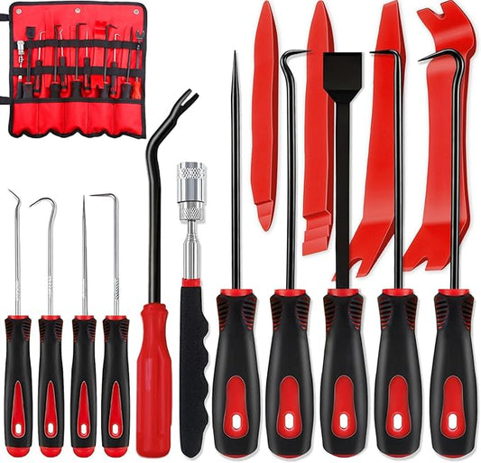 KEZE 15Pcs Carbon Steel Precision Pick & Hook and Trim Removal Tool Set with Scraper and Magnetic Telescoping Tool Kit for Remove Automotive Electronics Maintenance Hoses Gasket Hand Pick Up Tools