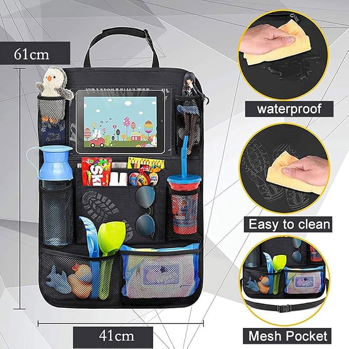 Car Backseat Organizer, 2 Pack, Black, Simple/Functional, Car Seat Organiser, Car Backseat Organizer, 10 Compartments, Tablet Holder, Waterproof, Easy to Clean