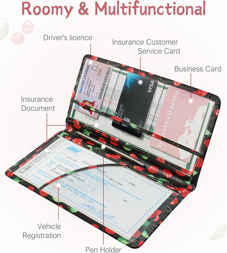 Mymazn Car Registration and Insurance Holder, PU Leather Glove Box Car Organizer with Magnetic Closure, Car Document Holder for Driver's License & Essential Documents (Red Cherry)