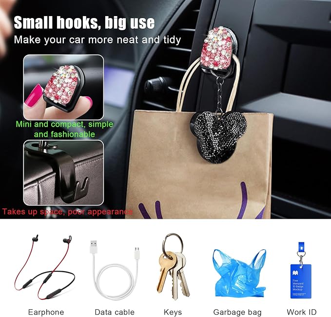 Yourkar 4PCS Bling Car Mini Hooks, Multifunctional Adhesive Small Auto Storage Hook for Key Cable Mask, Crystal Rhinestone Dashboard Hanging Hook, Interior Decor Car Accessories (Pink)
