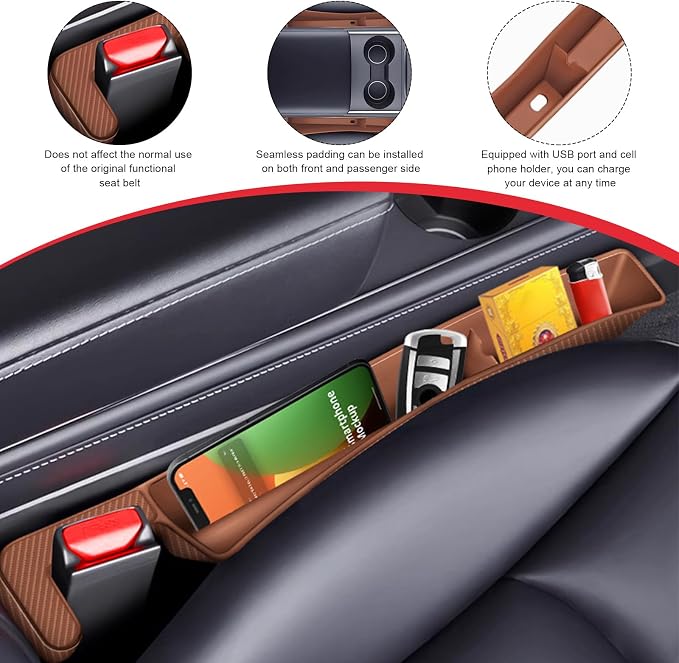 KVAEY 2PCS Car Seat Gap Filler, Automotive Seat Organizer Fill The Gap Between Seat and Console, Universal Car Gap Seat Storage for Phone Wallets and Keys, Car Accessories (Brown)