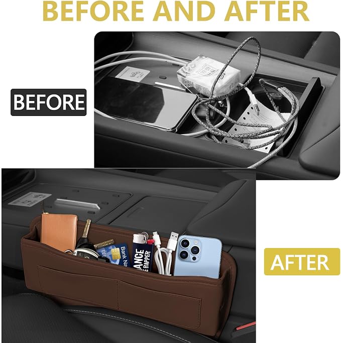 Car Seat Gap Filler Organizer with Card Holder, Leather Center Console Side Seat Gap Storage Box, Automotive Seat Organizer with Pocket for Glasses Phone Card, Car Accessories (Brown)