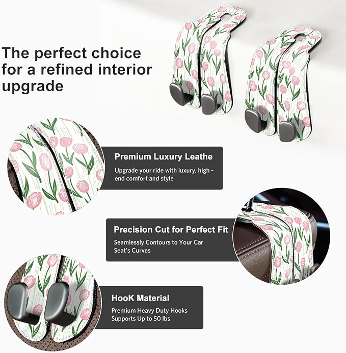CoBak Purse Hook for Car - Universal Premium Stitched Leather and Aluminum-Magnesium Alloy Double Car Seat Back Storage Hook for Purses, Handbags, Bags (2 Pack),Tulip
