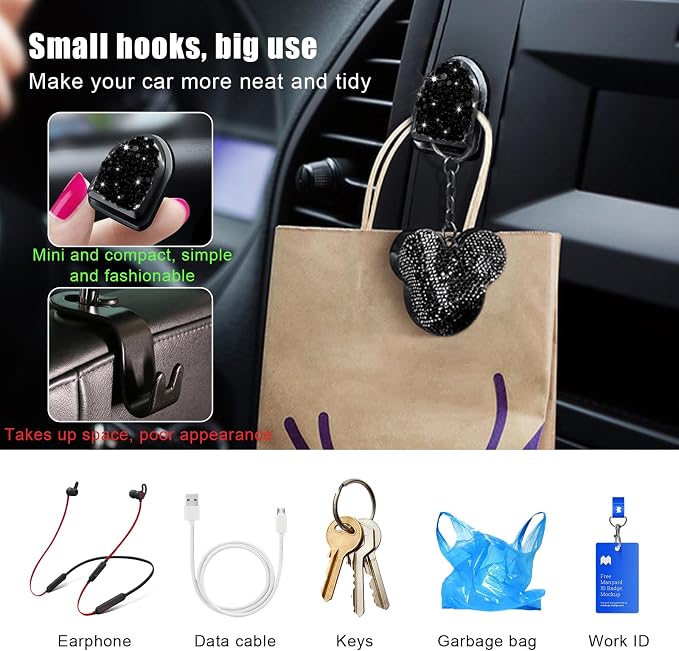 Yourkar 4PCS Bling Car Mini Hooks, Multifunctional Adhesive Small Auto Storage Hook for Key Cable Mask, Crystal Rhinestone Dashboard Hanging Hook, Interior Decor Car Accessories (Black)
