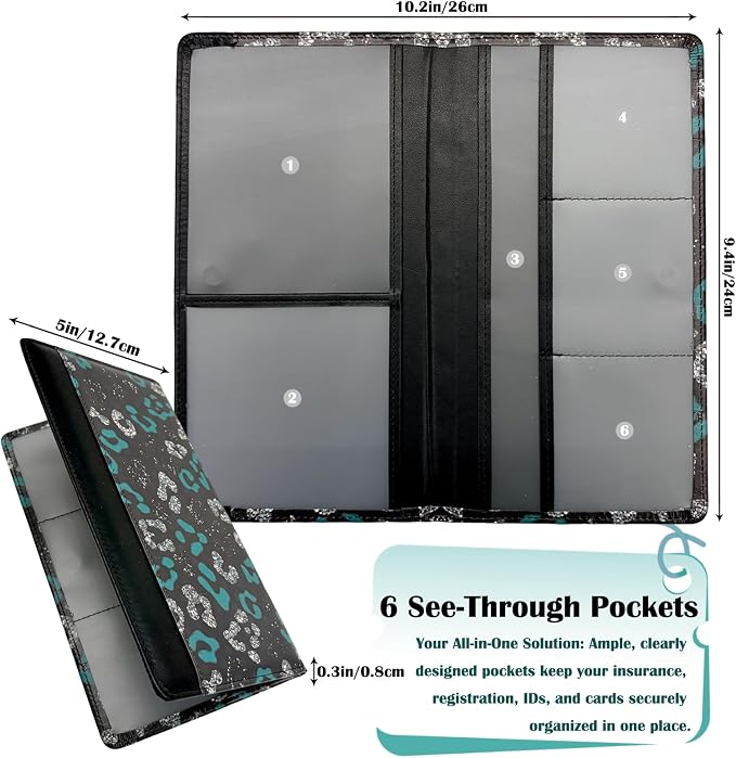 Car Registration and Insurance Holder with Magnetic Closure, Universal Document Organizer for License, Insurance Cards & Glove Box Storage (Leopard-Green and Silver)