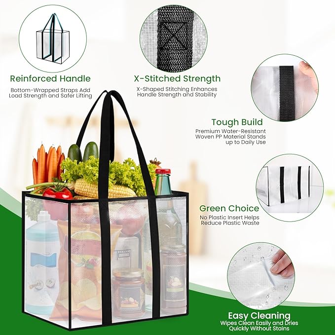 8 Pack Reusable Grocery Bags, Heavy-Duty Shopping Bags with Sturdy Handles, Water-Resistant & Foldable Organizer, Shopping Tote Bags for Groceries, Market, Car Trunk, Multi-Purpose, 33L