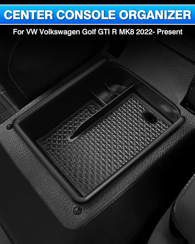 Karltys Center Console Organizer Tray for VW Volkswagen Golf GTI R MK8 2022-2025 2026 Accessories Car Middle Console Organizer Insert Tray Armrest Storage Box with Non-Slip Black Silicone Mat