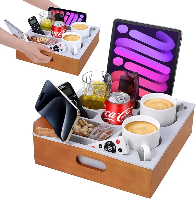 Hanaoyo Couch Cup Holder Tray, Soft Silicone Wooden Couch Caddy with Carrying Handle, Sofa Cup Holder for Bed Car Beach Organizer, Anti-Spill Sofa Cup Holder for Snacks Beverage Remote (Brown)