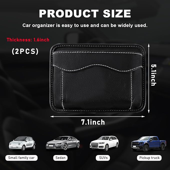 povtii 2 PCS Car Seat Side Pocket Organizer, PU Leather Cell Phone Sunglasses Storage Pocket, Mini Seat Gap Filler Pouch for Auto Seat Door Window Console, Interior Car Accessories (Black)