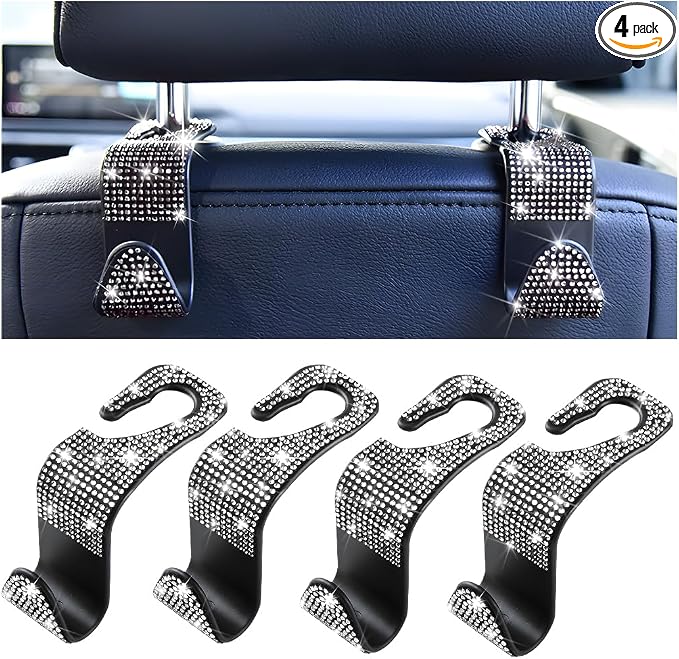 Mandark 4PCS Bling Car Seat Headrest Hooks, Crystal Rhinestone Vehicle Seat Back Hanger for Grocery Purses Handbags, Diamond Auto Seatback Storage Organizer Hanger, Universal for Most Cars (White)